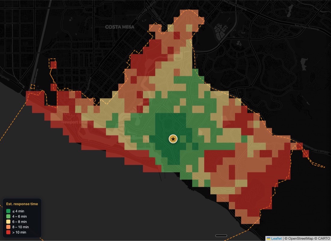 Response time coverage map for a central Civic Center headquarters location, showing broad fast-response coverage