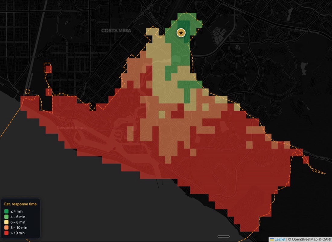 Response time coverage map for an edge Dove Street headquarters location, showing more slow-response zones